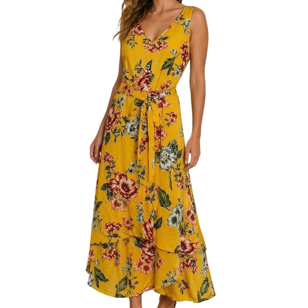Luxology Yellow Floral Maxi Dress Tie Waist Sleeveless Large